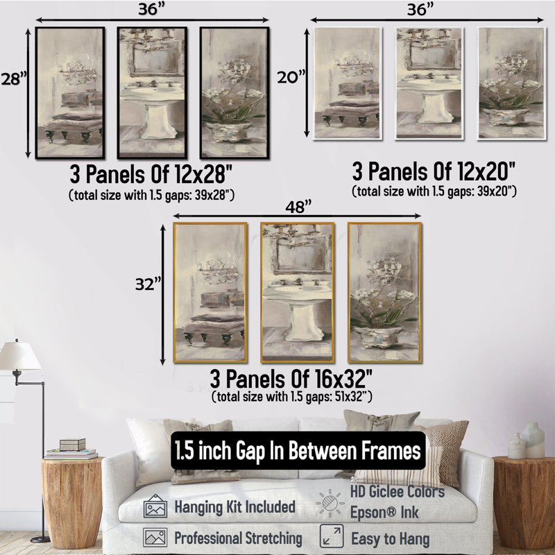 «French Bathroom Vintage II», ensemble d'art mural sur toile encadré traditionnel, H 28 po x l 36 po x P 1 po, Cadre brun