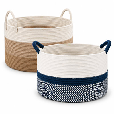 Très grand panier de lit (90L / 67L), 2 paniers, 22 x 13 po et 20 x 13 po, panier de rangement en corde de coton, pour salle de bain de chambre à coucher, panier à linge tissé pour jouets, jute + bleu