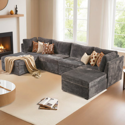 Canapé modulaire en velours côtelé 6 pièces avec repose-pieds, canapé-lit à assise profonde pour salon et chambre à coucher, canapé rembourré moelleux et facile à assembler