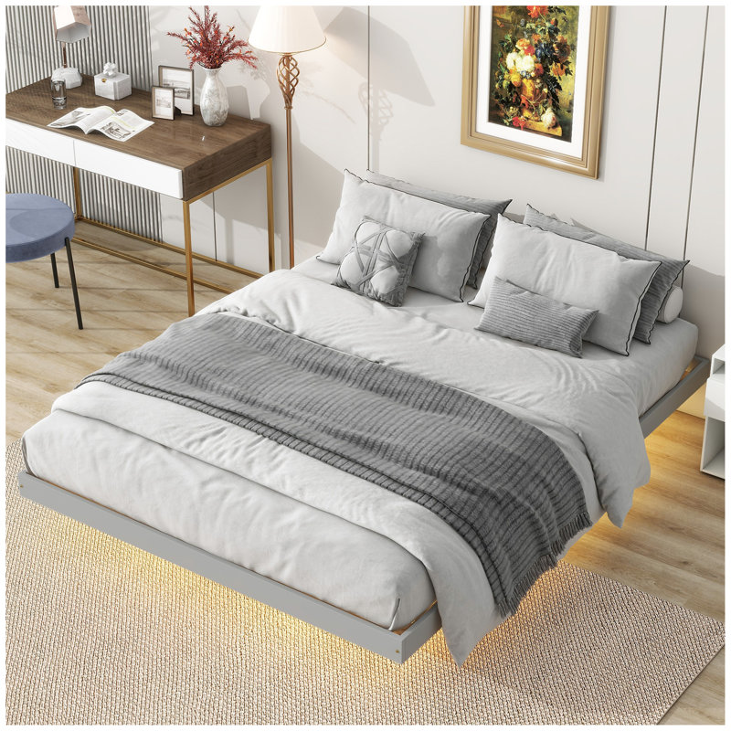 Lit flottant avec lumières DEL en dessous, lit plateforme moderne à profil bas avec lumières DEL, Grand lit, Gris