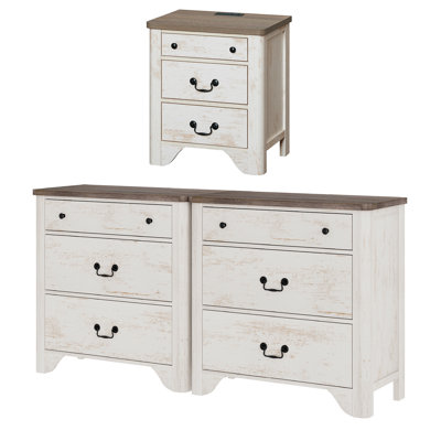 Ensemble de commode et table de chevet 6 tiroirs Modern Minimalist, ensemble de chambre à coucher 3 pièces, ensemble de commode en bois, table de bout avec station de charge