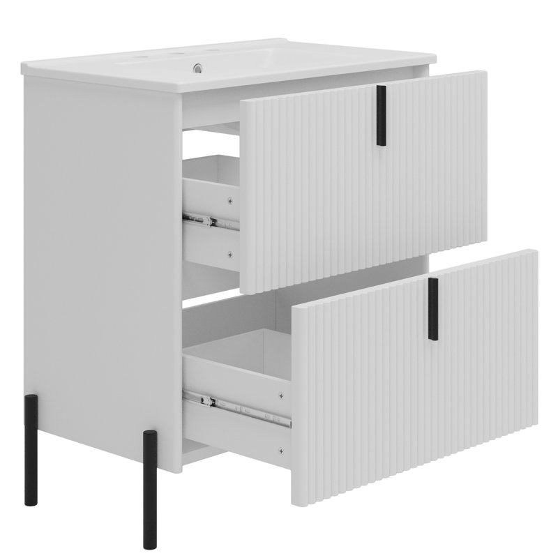 Meuble-lavabo blanc de 30 po avec lavabo en céramique, système de tiroir à fermeture en douceur, aspect cannelé et rangement optimal
