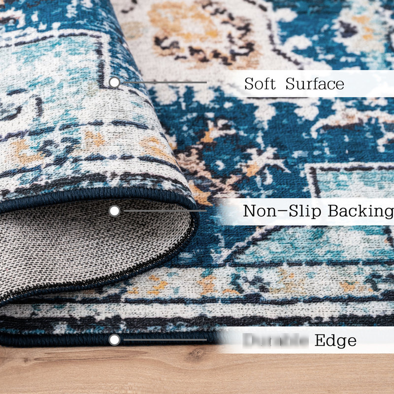 6x9 Vintage Area Rug, Bohemian Style Non-slip Washable Floor Rug For Kitchen Living Room Bedroom, Blue Gold Floral, Soft Filler , Bedroom Dining Office, Blue/gold