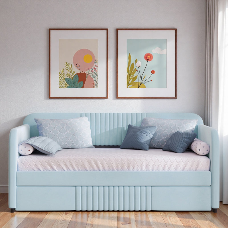 Upholstered Daybed With Trundle And Wood Slat, Light Blue