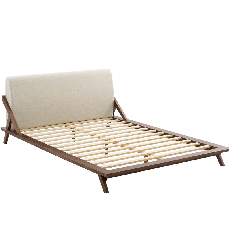 Grand lit plateforme à panneau tapissier Luella, Noyer / beige