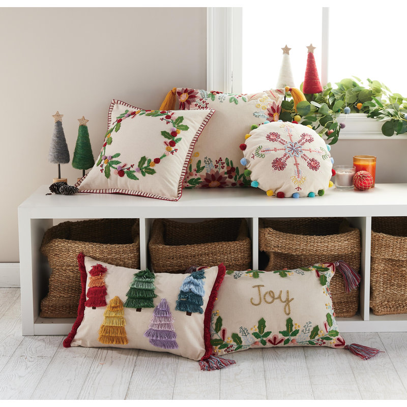 Boho Holiday Snowflake Embroidered Pillow
