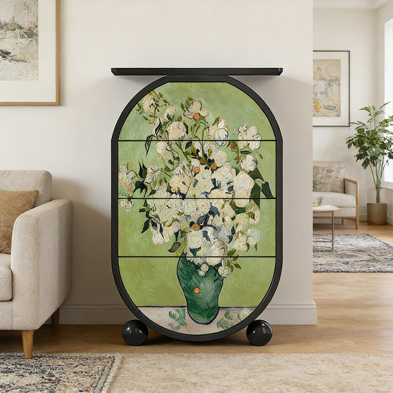 French Vintage Floral Solid Wood 4-Drawer Cabinet, Noir