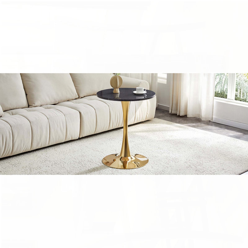 Table tulipe ronde 23,6 po - faux marbre, base piédestal, 2 à 4 sièges, H 28,3 po x l 23,6 po x P 23,6 po, Noir et or