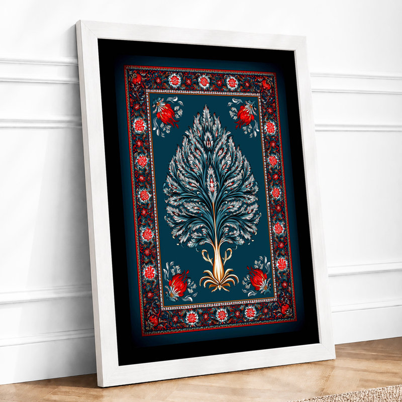 Silver Foliage on Teal Botanical 1 Piece Single Picture Frame Wall Art, A2 - 59.4 x 42.0 cm, White
