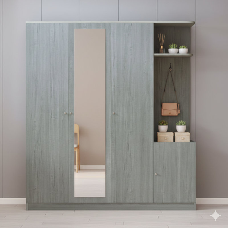 Unité de rangement pour vêtements à quatre panneaux avec tablettes, compartiments de rangement et surface réfléchissante pleine hauteur, finition grise