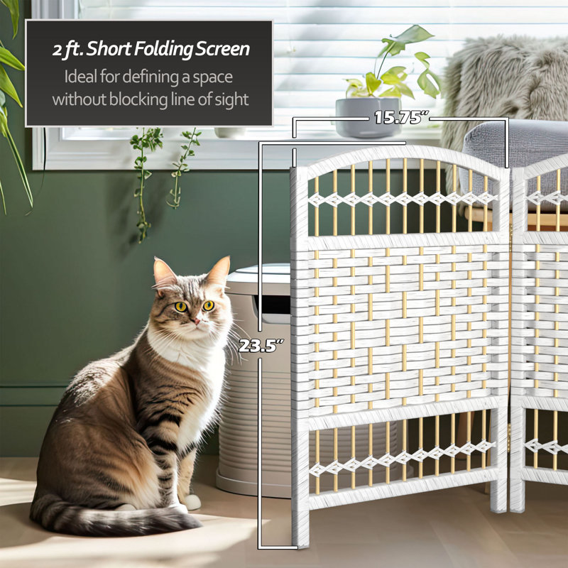 Short Fiber Weave Folding Screen, 4, White, 35.5"H