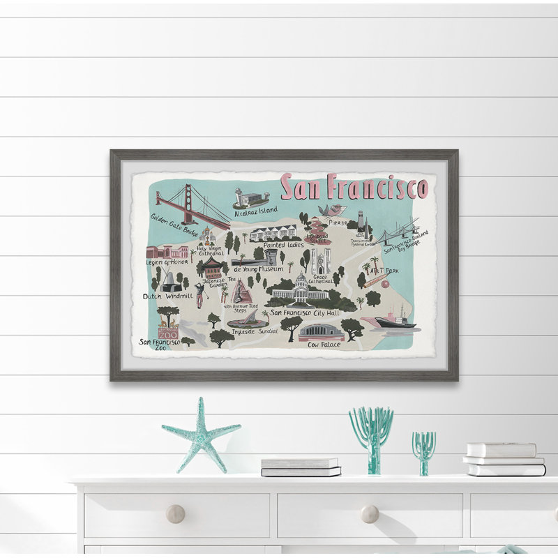 Carte illustrée de San Francisco, impression encadrée sur papier, H 24 po x l 36 po x 1,5 po