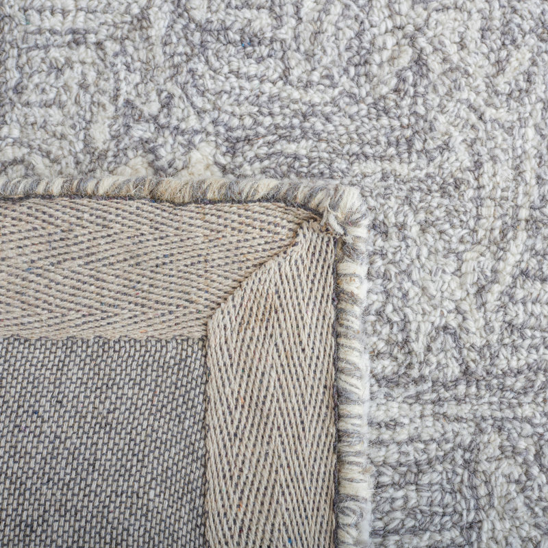 Tapis ivoire / gris en laine / coton touffeté à la main Ikat, Rectangle 5 pi x 8 pi