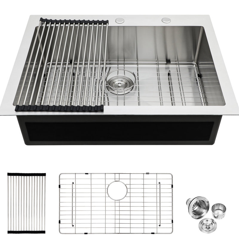 33X22 Inch Topmount Kitchen Sink 16G: Stainless Steel With Smooth Water Flow And Soundproof Feature X-Shaped Drain Sound Absorption