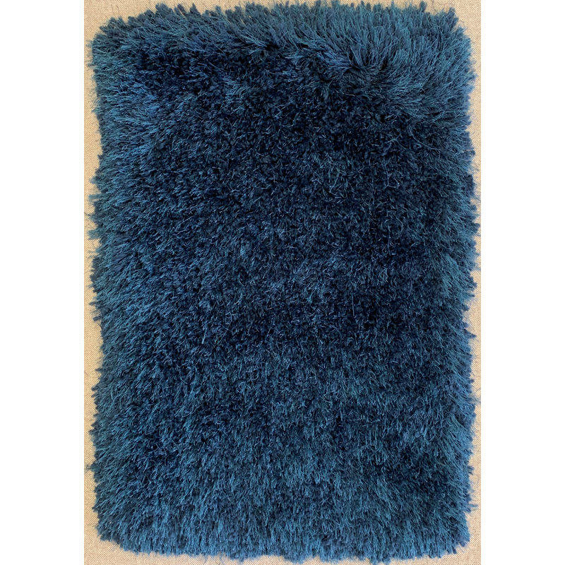 Tapis bleu fait main poils longs Ayalisse, Rectangle 7 pi 9 po x 9 pi 9 po