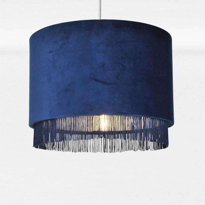 23cm H Velvet Drum Pendant Shade, Navy Blue