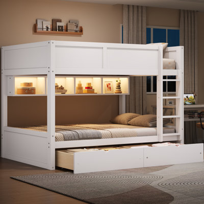 Lit superposé double au-dessus de double avec armoires de rangement, 2 tiroirs et lumières DEL, bois de pin massif, blanc
