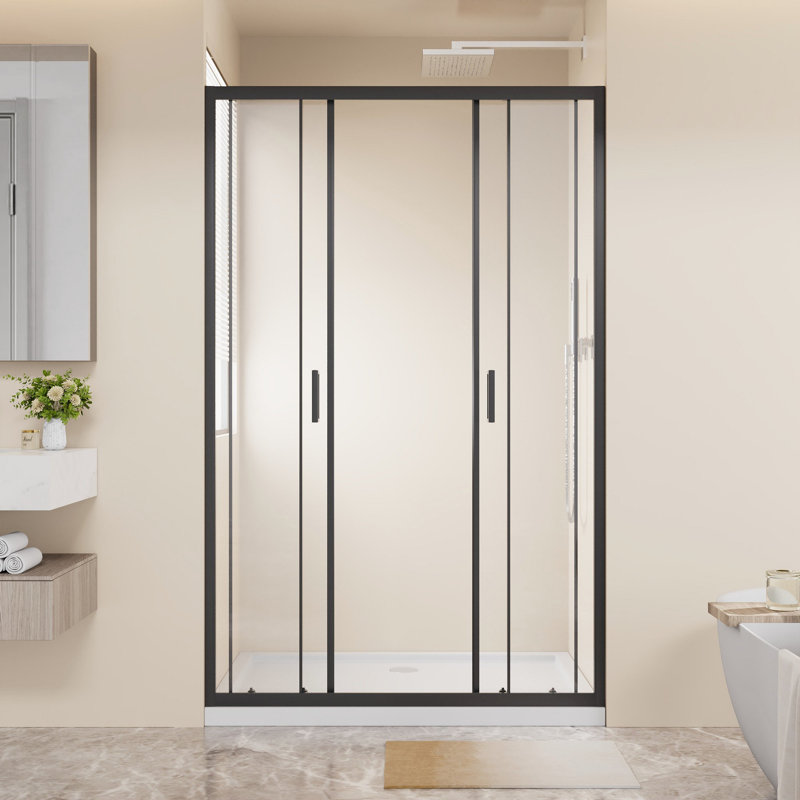 Porte de douche coulissante encadrée 48 po x 72 po, porte de douche double coulissante à ouverture centrale 4 panneaux, verre trempé de 1/4 po (6 mm), cadre en aluminium avec poignées en acier inoxydable et doubles rouleaux lisses, noir