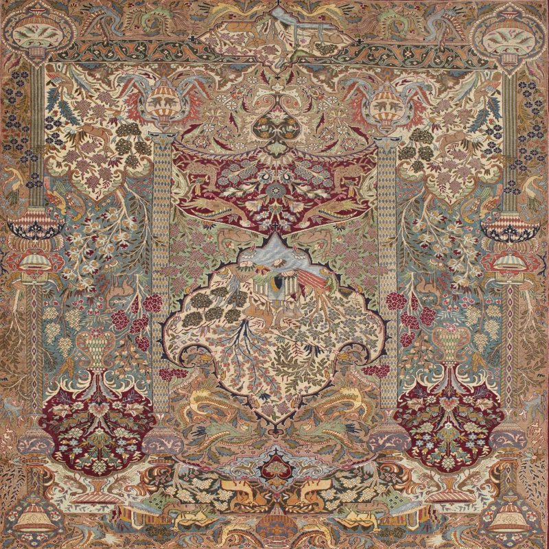 Tapis oriental rouge / brun / vert, Carré 7 pi