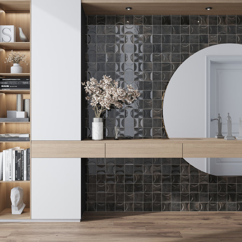 Carrelage carré en céramique brillante 3,94 po x 3,94 po Antiek (6,48 pieds carrés / caisse) (paquet de 60), Noir