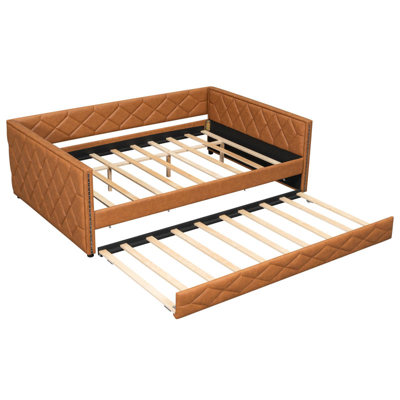 Full XL Size Upholstered Daybed With Trundle And LED, Brown