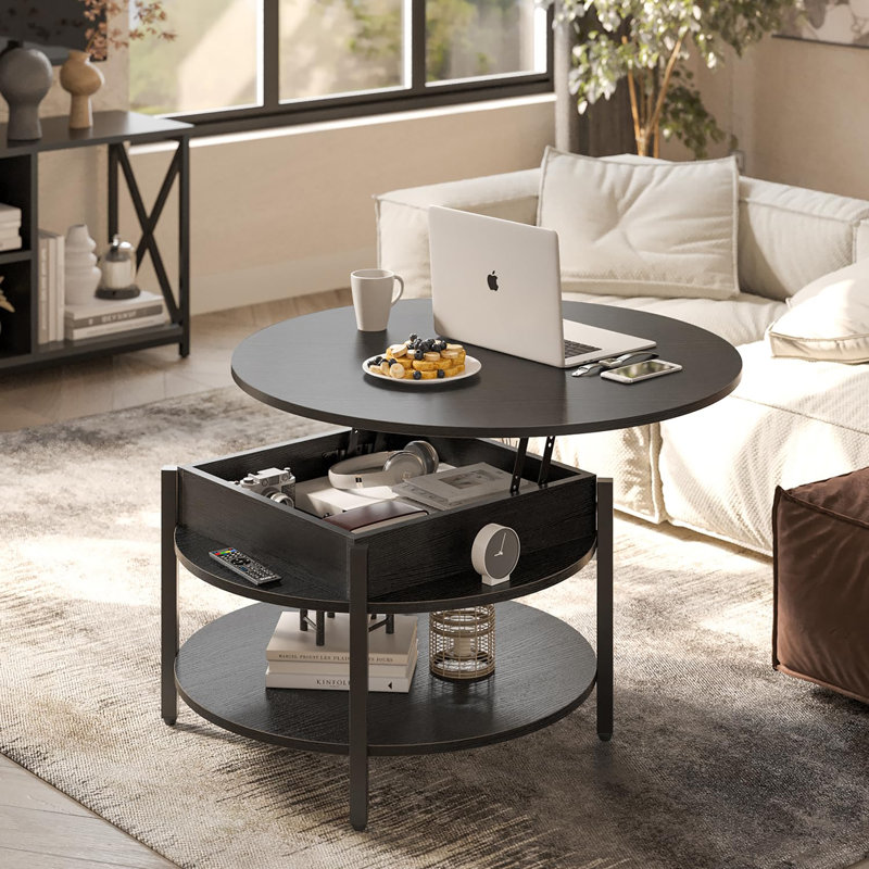 Black Round Wood Lift-Top Coffee Table with Storage