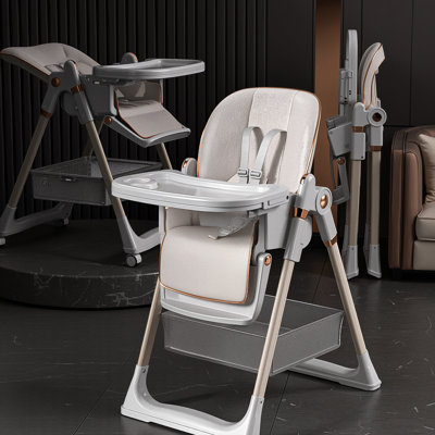 High Chair With - Tip Base, Five Point Belt, Silent Lockable Wheels, Comfort Design, White Multi Functional Foldable Feeding For 6 Months To Years, Tray, 5 Level Adjustment