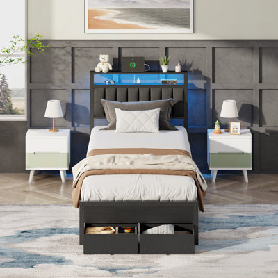Upholstered Bed Frame with 2 Storage Drawers, Modern Twin Platform Bed with Charging Station & LED Light, No Spring Box Needed