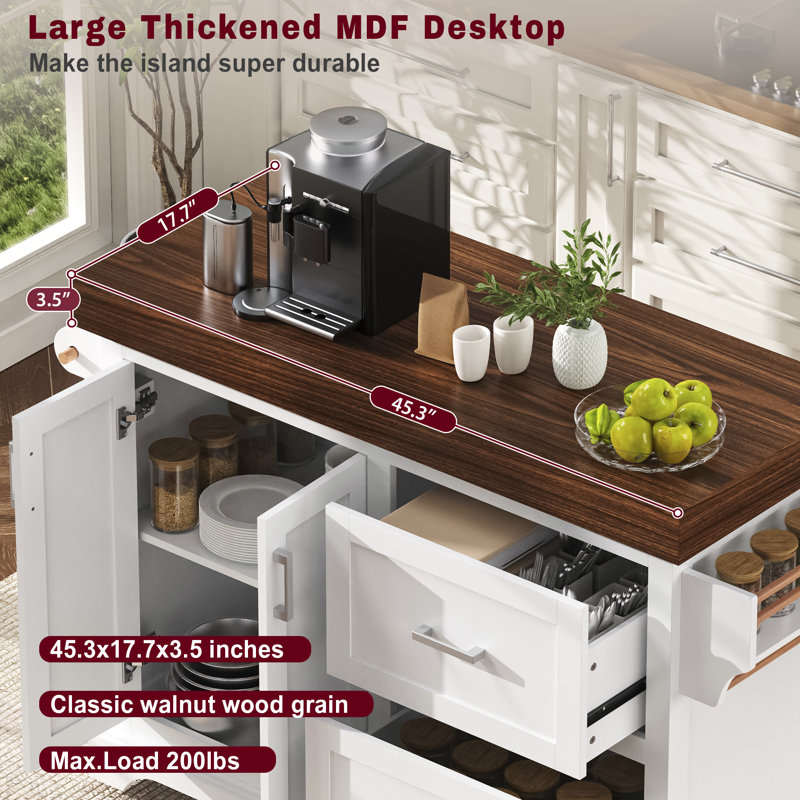 53" Rolling Kitchen Island With 3.5" Thick Faux Walnut Top, 2 Extra-Large Drawers & Spice Rack, White
