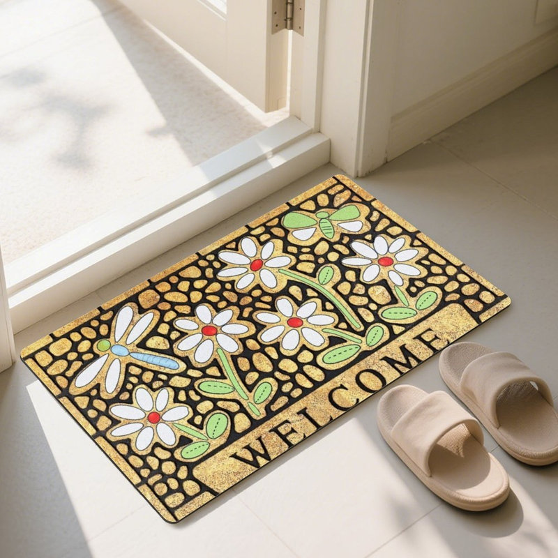 Tapis de sol floral Mosaic Dragonfly, pour patio et jardin, 24 po x 36 po, beige / noir