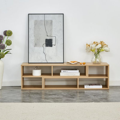 Meuble télé modulaire en bois avec compartiments ouverts réglables, console multimédia Freestyle, unité de rangement modulaire minimaliste pour petit salon et chambre à coucher (finition bois clair)
