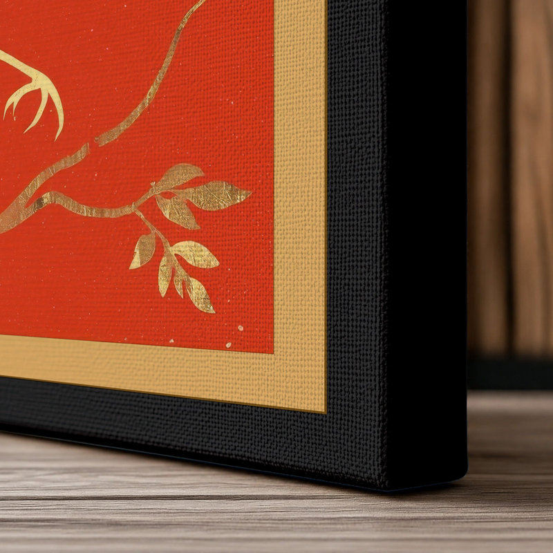 Gilded Bird on Branch Japandi - Wrapped Canvas, 30x20 - 76.2 x 50.8 cm, Black Border