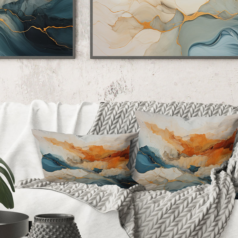 Coussin décoratif abstrait à imprimé abstrait orange et bleu River
