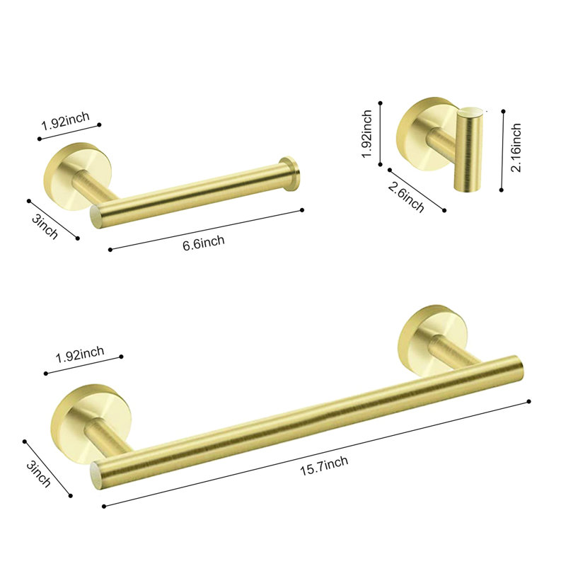 3 quincaillerie de salle de bain en or brossé - style contemporain. Prévient les égratignures et la rouille. Pour Tidy. Bords lisses modernes pour installation simple. Résiste à la corrosion. Fixation murale