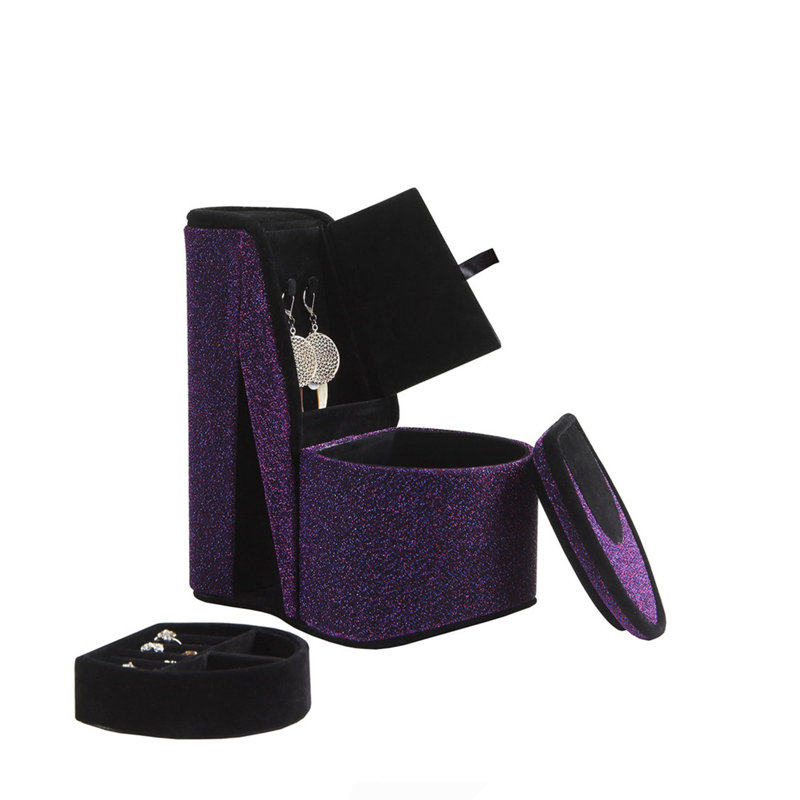 Boîte à bijoux haute 9 po avec rangement caché, conception de chaussures à talons hauts, velours mauve, Purple