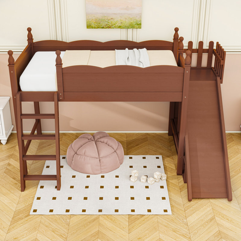 Lit mezzanine en bois avec garde-robe, glissade et tablettes, Lit simple, Naturel foncé
