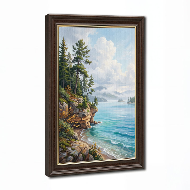 Art mural sur toile Rocky Cliff avec grands pins et eau bleue, H 24 po x l 16 po