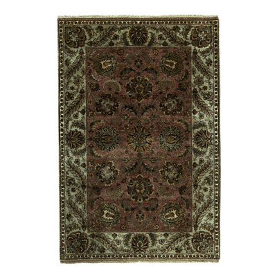Tapis rouille et vert clair de haute qualité noué à la main