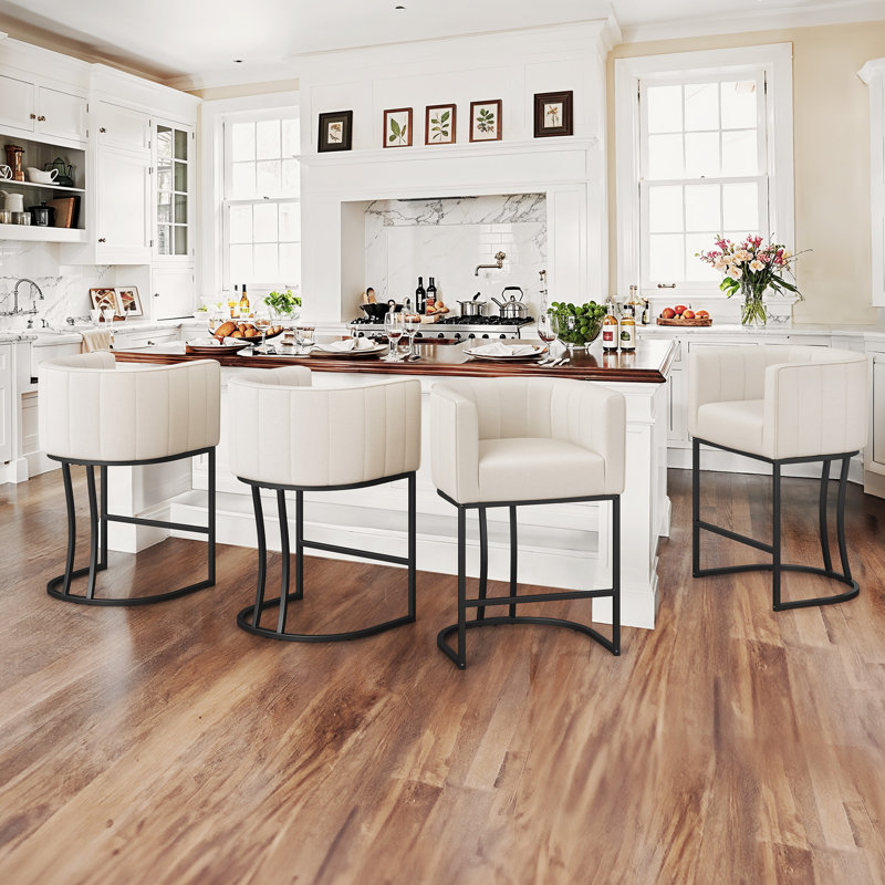 Chyanne 26.4" H Modern Barrel Counter Stools With Backrest & Arms - Upholstered Kitchen Island Stools, Metal Legs, Waterproof Fabric