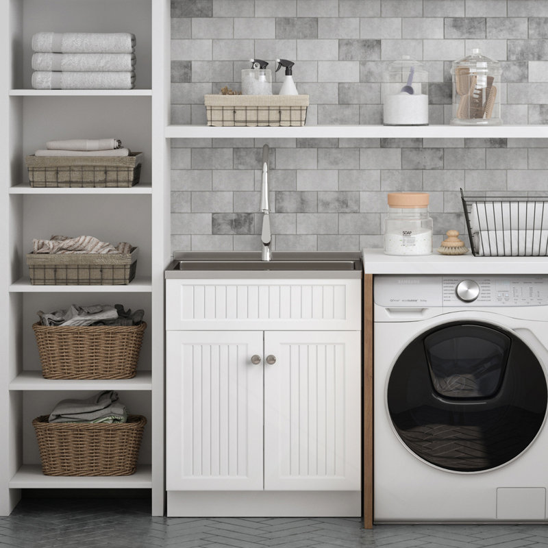Beckham - Armoire à linge 28 po avec robinet et évier en acier inoxydable - blanc, 28"