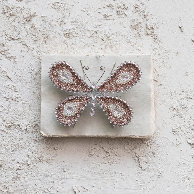 Ornement papillon en métal avec paillettes, perles de sable, finition argentée