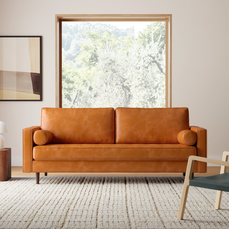 Geo 84 inch Genuine Leather Sofa, Caramel Genuine Leather