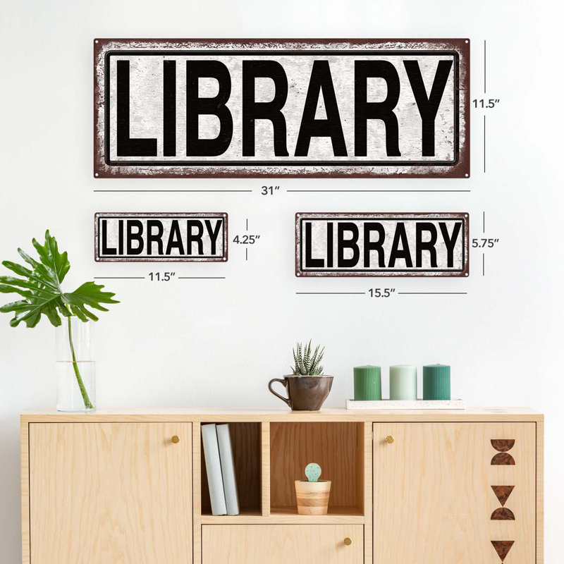 " Distressed, Library Metal Sign ", 5.75" H x 15.5" W