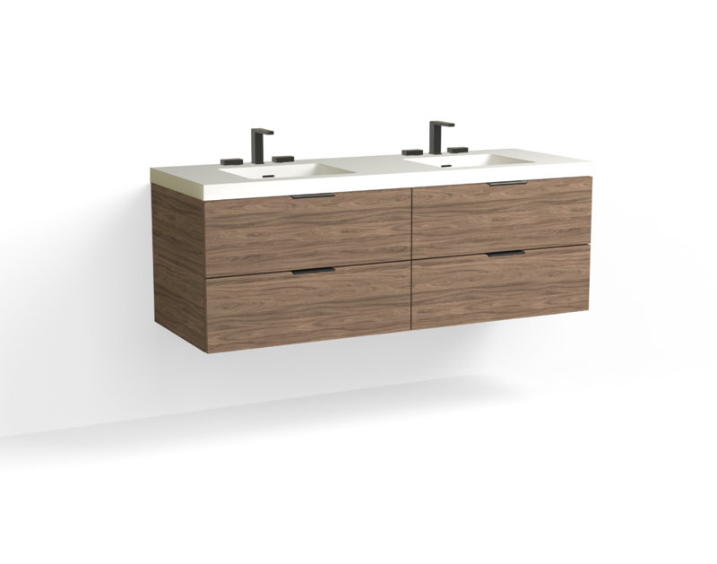 Avila 60" W Wall Mounted Double Bathroom Vanity, Glossy White/Single, Biondo, Matte Black