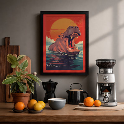 Hippopotamus Rising Retro - Framed Print