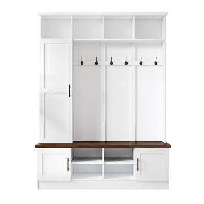 Versatile 3-In-1 Hall Tree With 6 Hooks, Farmhouse Walnut Storage Bench With Adjustable Shelves, 55"W Modern Entryway Coat Rack With Multiple Storage by Red Barrel Studio