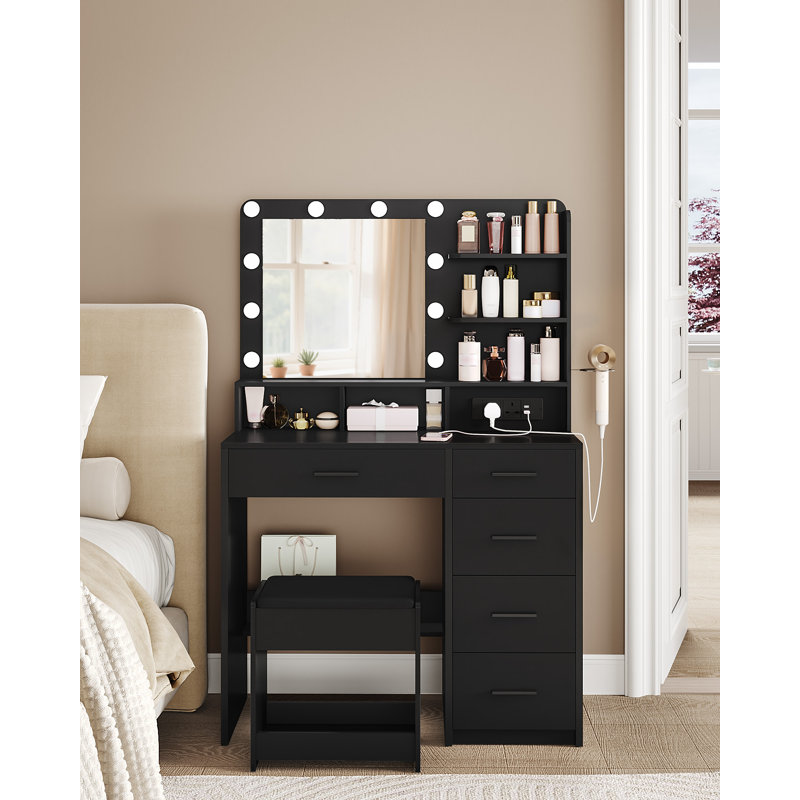 Dressing Table with 3-Colour LED Adjustable Brightness, Vanity Table with Plug and Large Mirror, Stool and Hairdryer Holder, Muti-Drawer Dressing Table, 6 Open Storage Areas,
