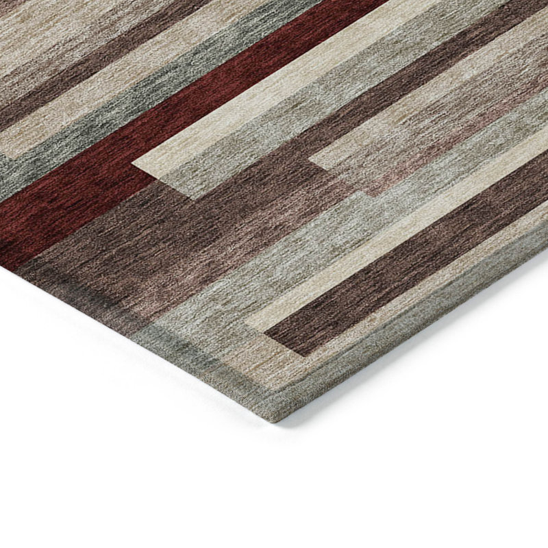 3' X 5' Merlot Burgundy And Beige Striped Washable Indoor Outdoor Area Rug