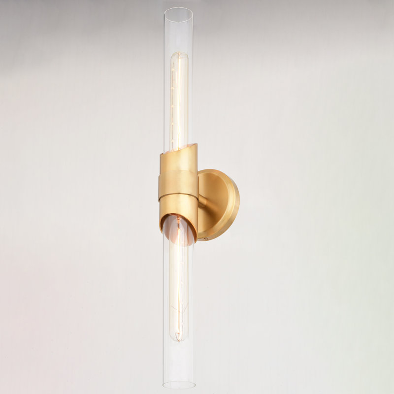 Luminaire de salle de bain contemporain en laiton naturel doré à 4 lumières de 4,75 pouces de largeur Webster, abat-jour en verre transparent, à intensité variable, compatible avec DEL, applique murale au-dessus du miroir ou applique murale en acier