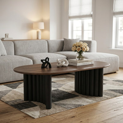 Table basse ovale de 51 po en bois massif avec double socle â€“ Table de centre moderne pour le salon